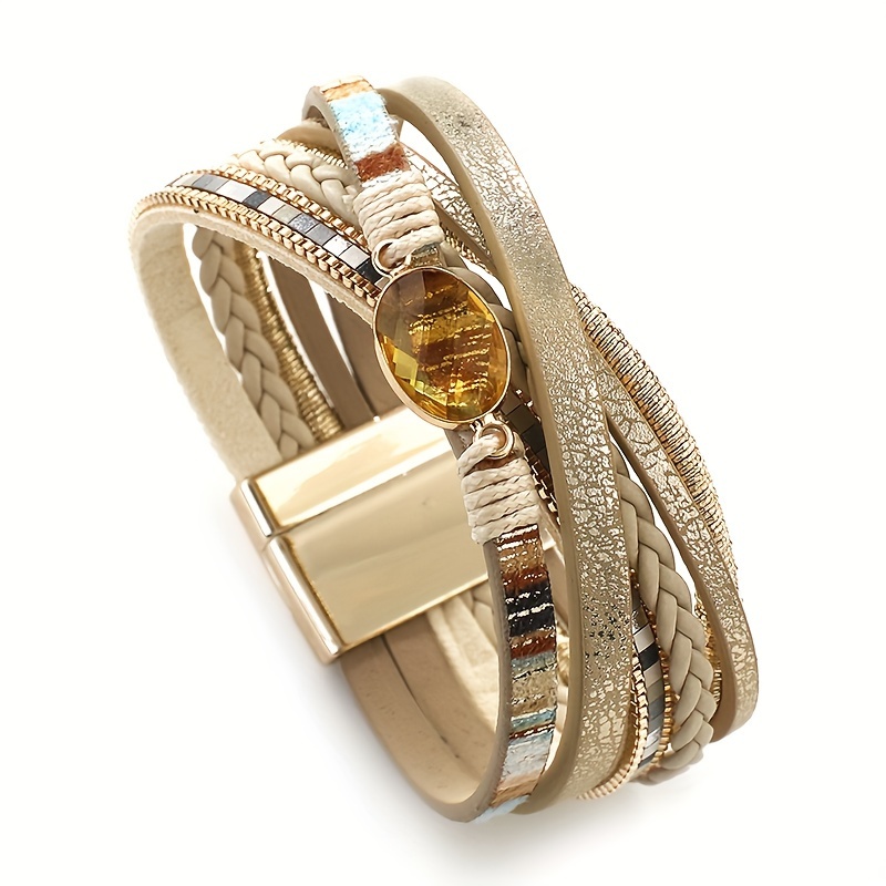 Boho Leather Bracelet with Crystal Beads
